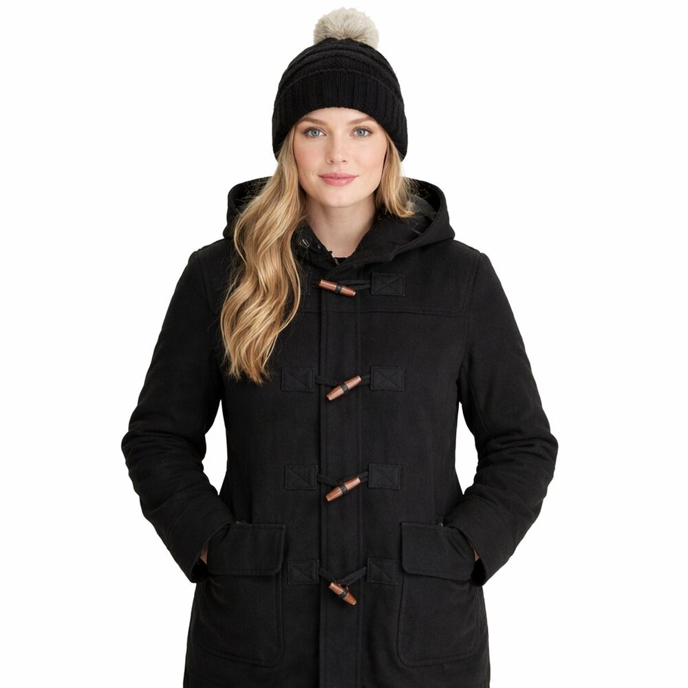 NWT Gap Womens Sz S‎ Wool Duffle Coat W/ Hood Toggle Buttons Black Pea Coat